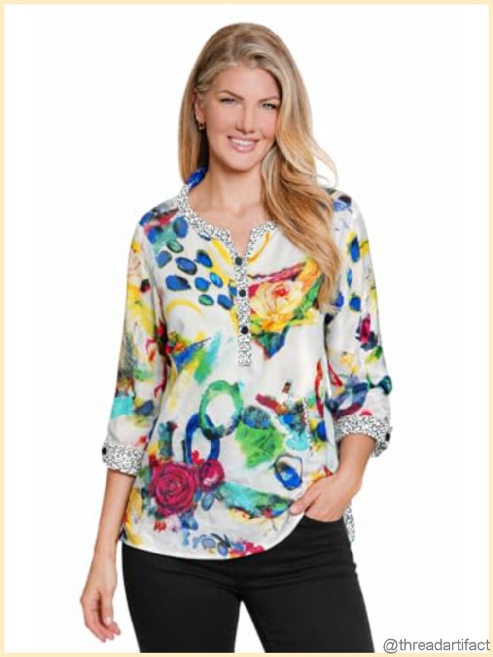 Woven Button Up Tunic with 3/4 Sleeves and Shallow Hem